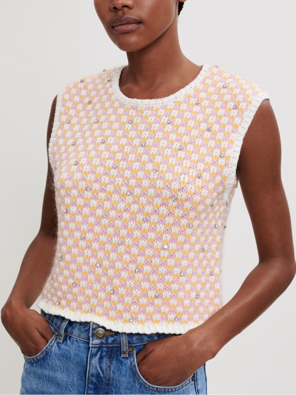 Maje Maelana Rose Checked Knit Rhinestone Sweater Vest US L/ FR 3 NWT